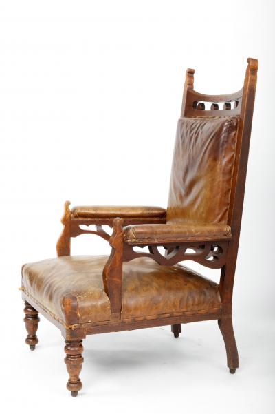 Leather and Oak Gothic Style Armchairs England 19th Century