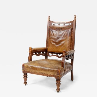 Leather and Oak Gothic Style Armchairs England 19th Century