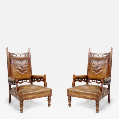 Leather and Oak Gothic Style Armchairs England 19th Century