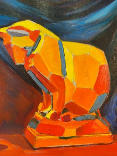 Lee Everett 1949 CUBIST CAT STATUE AND BOWL PAINTING BY LEE EVERETT