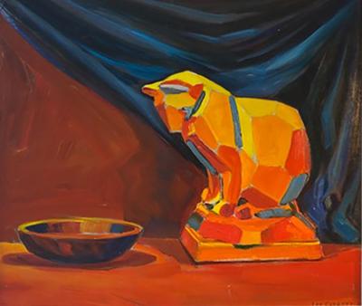 Lee Everett 1949 CUBIST CAT STATUE AND BOWL PAINTING BY LEE EVERETT