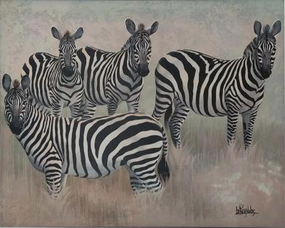 Lee Reynolds Vintage 1980s Lee Reynolds Oil on Canvas Painting Depicting A Zeal of Zebras 