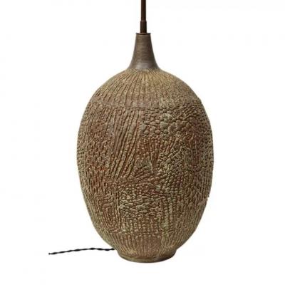 Lee Rosen Design Technics Lamp Ceramic Abstract Sgraffito Olive Red Signed