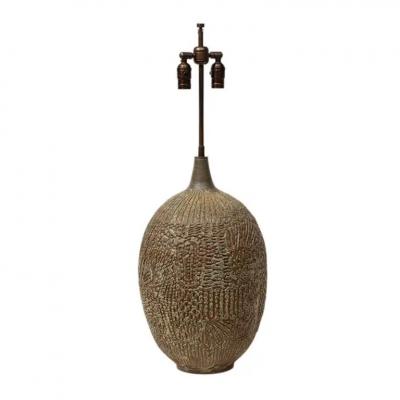 Lee Rosen Design Technics Lamp Ceramic Abstract Sgraffito Olive Red Signed