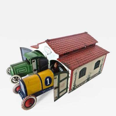 Lehman Toy Company Antique Toy Two Car Garage with Autos by Lehman Germany Circa 1927