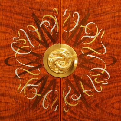 Leleu Style 4 Door Credenza with Pewter and Bronze Ribbon Inlays 1940s