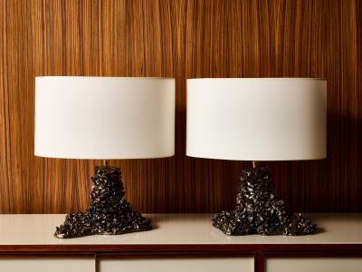 Leo Nataf Pair of Sculptural Glazed Ceramic and Lava RockTable Lamps by Leo Nataf