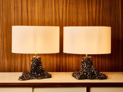Leo Nataf Pair of Sculptural Glazed Ceramic and Lava RockTable Lamps by Leo Nataf