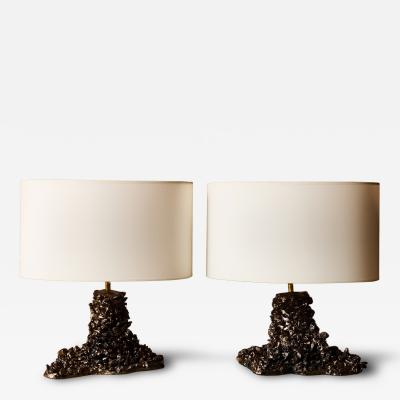 Leo Nataf Pair of Sculptural Glazed Ceramic and Lava RockTable Lamps by Leo Nataf