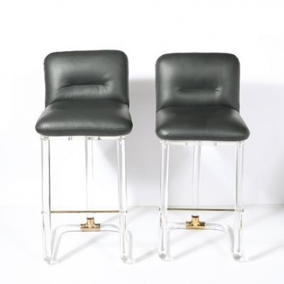 Leon Frost Mid Century Leon Frost Tubular Stools in Lucite Brass Holly Hunt Leather