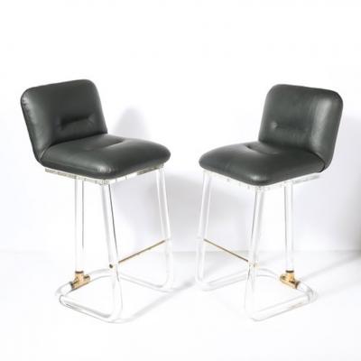 Leon Frost Mid Century Leon Frost Tubular Stools in Lucite Brass Holly Hunt Leather