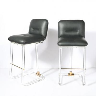 Leon Frost Mid Century Leon Frost Tubular Stools in Lucite Brass Holly Hunt Leather