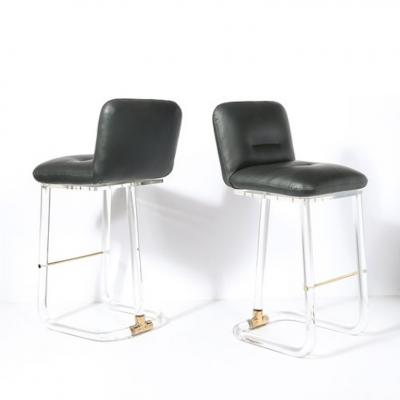 Leon Frost Mid Century Leon Frost Tubular Stools in Lucite Brass Holly Hunt Leather
