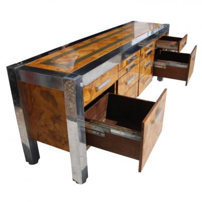 Leon Rosen Leon Rosen for Pace Collection Burled Wood and Chrome Credenza