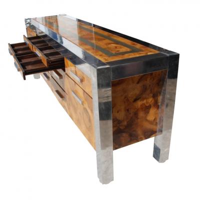 Leon Rosen Leon Rosen for Pace Collection Burled Wood and Chrome Credenza
