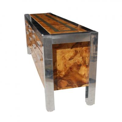 Leon Rosen Leon Rosen for Pace Collection Burled Wood and Chrome Credenza