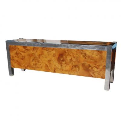 Leon Rosen Leon Rosen for Pace Collection Burled Wood and Chrome Credenza