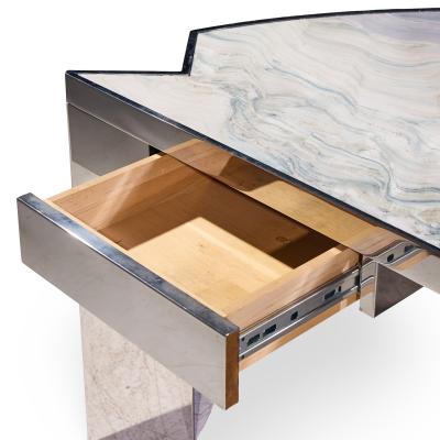 Leon Rosen Leon Rosen for Pace Collection Mezzaluna Mid Century Chrome and Stone Desk