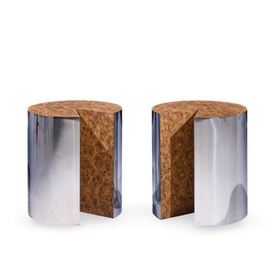 Leon Rosen Leon Rosen for Pace Style Mid Century Pac Man Chrome Drum Tables Pair