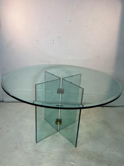 Leon Rosen MODERNIST GLASS AND BRASS PACE X BASE DINING TABLE