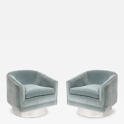 Leon Rosen Mid Century Aluminum Powder Blue Velvet Swivel Chairs by Leon Rosen for Pace