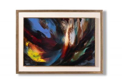 Leonardo Nierman Abstract Oil on Board Biblical Fire in Antique Gold Frame
