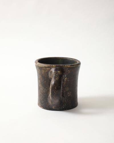 Les 2 Potiers Michelle et Jacques Serre Glazed Ceramic Cup with Geometric Leaf Abstraction France c 1965