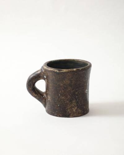 Les 2 Potiers Michelle et Jacques Serre Glazed Ceramic Cup with Geometric Leaf Abstraction France c 1965