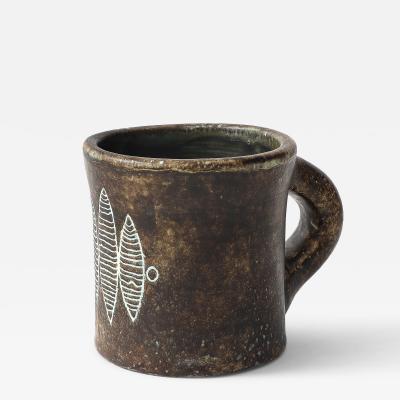 Les 2 Potiers Michelle et Jacques Serre Glazed Ceramic Cup with Geometric Leaf Abstraction France c 1965