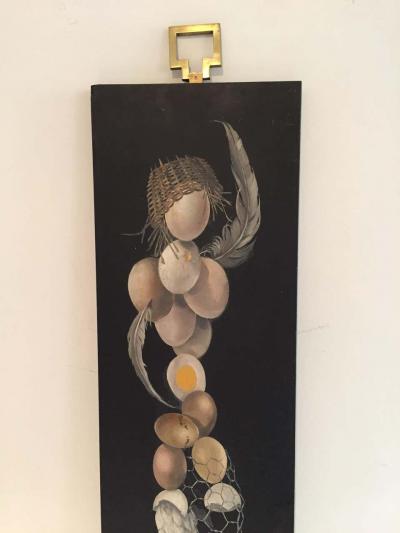 Lester Gaba Hand Painted on Wood Chicken with Eggs Lilly Dache Collection
