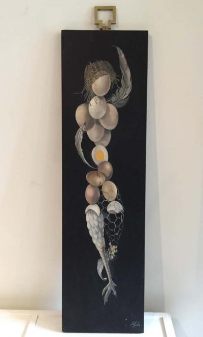 Lester Gaba Hand Painted on Wood Chicken with Eggs Lilly Dache Collection