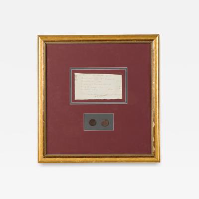 Letter Fragment and Antique Coins in Burgundy Matting and a Gilt Frame