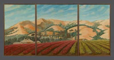 Lew E Davis Triptych Painting Of The Villa Lomas Azules And Highland Vineyard