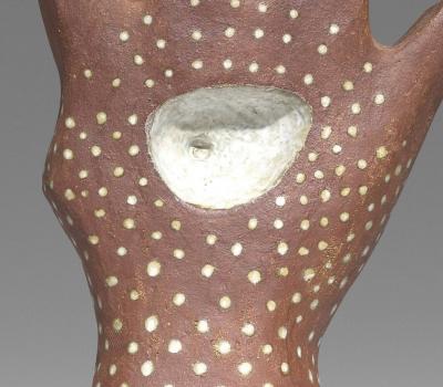 Leza S McVey Monumental Leza McVey Surrealist Eye in Hand Ceramic Sculpture 1977
