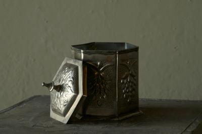 Lidded Box with Grape Decoration in Patinated Silver Plated Brass 19th Century