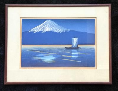 Lilian May Miller Vintage Framed Woodblock Print Moonlight on Mt Fuji by Lillian Miller