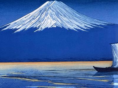 Lilian May Miller Vintage Framed Woodblock Print Moonlight on Mt Fuji by Lillian Miller