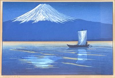Lilian May Miller Vintage Framed Woodblock Print Moonlight on Mt Fuji by Lillian Miller
