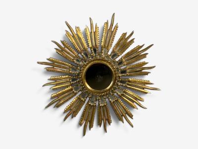 Line Vautrin Style Sunburst Mirror Clayed Gilt Mirror France 1960s