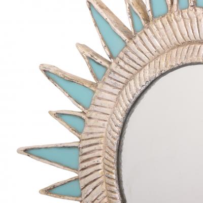 Line Vautrin Turquoise Resin and Silver Leaf Convex Mirror in the Manner of Line Vautrin