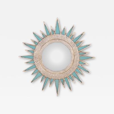 Line Vautrin Turquoise Resin and Silver Leaf Convex Mirror in the Manner of Line Vautrin