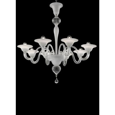 Linear Transparent and White With Silver Leaf Murano Glass Chandelier