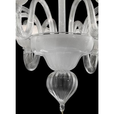 Linear Transparent and White With Silver Leaf Murano Glass Chandelier