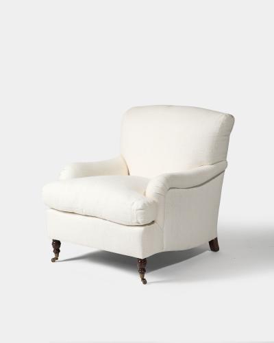 Linen Walnut and Brass Scroll Arm Lounge Chair by Jonas United States c 1990