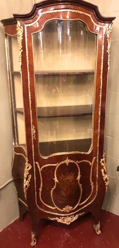 Linke Style Louis XV Curio Vitrine Cabinet 19th 20th Century Bombe Inlaid