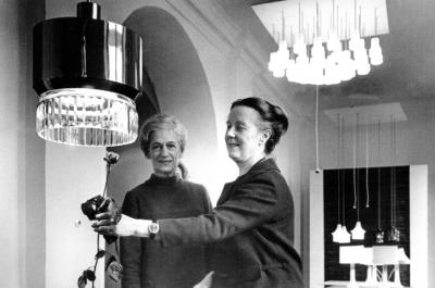 Lisa Johansson Pape Lisa Johansson Pape Blue Glass Table Lamp with Pleated Silk Shade