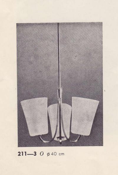 Lisa Johansson Pape Lisa Johansson Pape Ceiling Lamp 211 3 in Brass Hand Painted Glass Orno 1950s