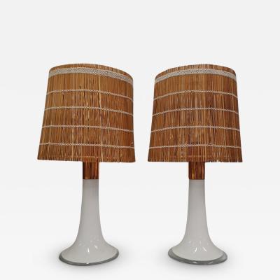 Lisa Johansson Pape Lisa Johansson Pape Pair of Table Lamps Opal Glass Copper Rattan Orno 1960s