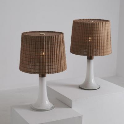 Lisa Johansson Pape Lisa Johansson Pape Pair of Table Lamps Opal Glass Copper Rattan Orno 1960s
