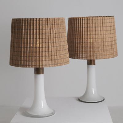 Lisa Johansson Pape Lisa Johansson Pape Pair of Table Lamps Opal Glass Copper Rattan Orno 1960s